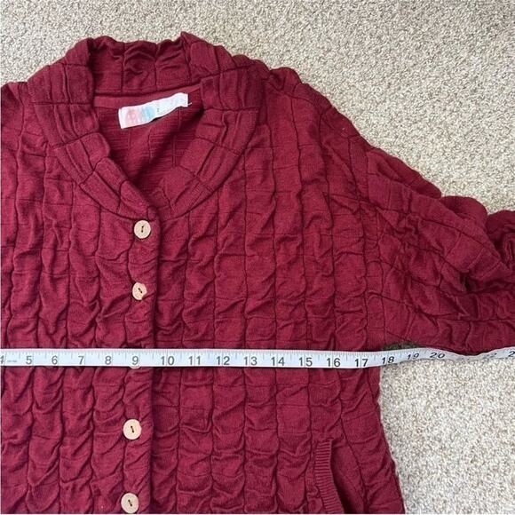 FP FREE PEOPLE Beach Burgundy Red Tan Button Knit Cardigan Ruche Bomber Jacket S - Picture 8 of 10
